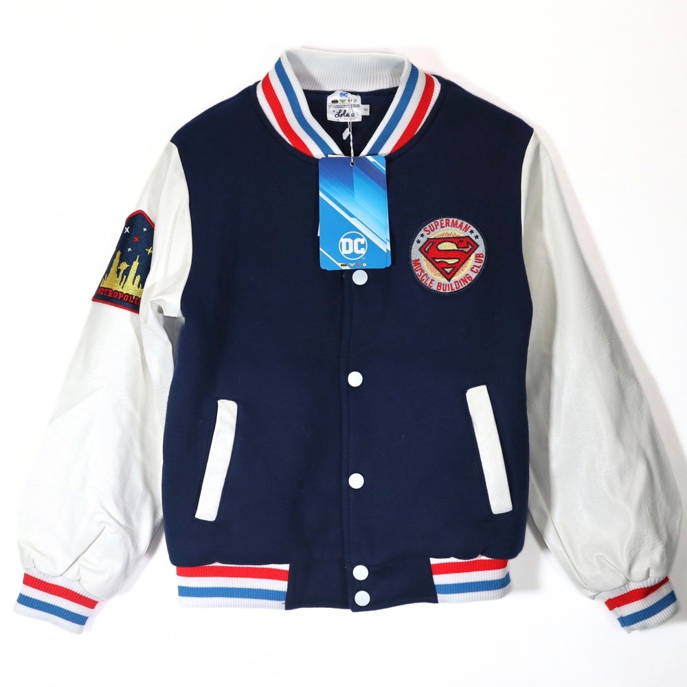 Lola and The Boys Superman Bomber Jacket Boys 8 Navy NWT Varsity DC Comics Coat